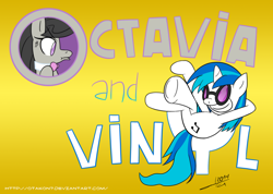 Size: 1900x1349 | Tagged: safe, artist:otakon, imported from derpibooru, dj pon-3, octavia melody, vinyl scratch, chuck jones, puss gets the boot, tom and jerry