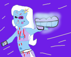 Size: 768x614 | Tagged: safe, artist:shafty817, imported from derpibooru, trixie, equestria girls, 1000 hours in ms paint, blood, boxing, clothes, exeron fighters, exeron gloves, fight, fighter, fighting clothes, fighting game, midriff, ms paint, nosebleed, ponied up, pony ears, punch, shorts, tanktop, trixie punch