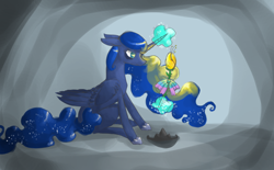 Size: 2482x1540 | Tagged: safe, artist:fancoral, imported from derpibooru, princess luna, female, floppy ears, magic, sitting, solo, sunflower, telekinesis