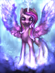 Size: 900x1200 | Tagged: safe, artist:elkaart, imported from derpibooru, princess cadance, alicorn, pony, abstract background, female, glowing horn, horn, looking at you, mare, smiling, solo, spread wings, wings