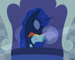 Size: 3264x2592 | Tagged: safe, artist:tyto4tme4l, imported from derpibooru, princess luna, rainbow dash, cuddling, filly rainbow dash, maternaluna, maternity, sleeping, snuggling