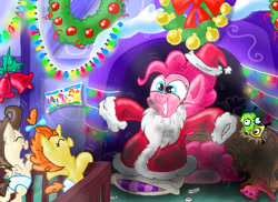 Size: 2338x1700 | Tagged: safe, artist:seriousdog, imported from derpibooru, pinkie pie, pound cake, pumpkin cake, bag, cake twins, christmas, clothes, dust, hearth's warming eve, pillow, santa costume