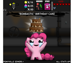 Size: 4000x3405 | Tagged: safe, artist:facelesssoles, imported from derpibooru, pinkie pie, biblethump, cake, crossover, item get, pinkamena diane pie, the binding of isaac