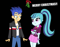 Size: 1009x792 | Tagged: safe, artist:greenmachine987, artist:thegreenmachine987, imported from derpibooru, flash sentry, sonata dusk, equestria girls, black background, female, kiss mark, kissing, male, senata, shipping, simple background, straight