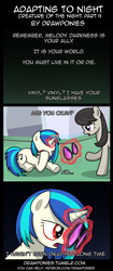 Size: 850x2020 | Tagged: safe, artist:drawponies, artist:terminuslucis, imported from derpibooru, dj pon-3, octavia melody, vinyl scratch, earth pony, undead, unicorn, vampire, vampony, comic:adapting to night, comic:adapting to night: creature of the night, 3 panel comic, blood, comic, fangs, glowing horn, horn, magic, red eyes, telekinesis