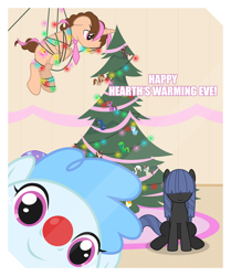 Size: 7209x8642 | Tagged: safe, artist:estories, imported from derpibooru, trixie, oc, oc:curly mane, oc:neigh sayer, oc:think pink, pony, unicorn, absurd resolution, christmas, christmas tree, female, hearth's warming eve, mare, neink, tied up, tree