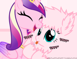 Size: 650x500 | Tagged: safe, artist:mixermike622, imported from derpibooru, princess cadance, oc, oc:fluffle puff, tumblr:ask fluffle puff, eyes closed, happy, onomatopoeia, open mouth, raspberry, raspberry noise, tongue out