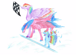 Size: 3508x2551 | Tagged: safe, artist:dawn22eagle, imported from derpibooru, firefly, rainbow blaze, rainbow dash, horse, pegasus, pony, buzzing wings, checkered flag, colored hooves, colored pencil drawing, colored wings, colored wingtips, cute, family, female, filly, fireblaze, firefly as rainbow dash's mom, flag, foal, g1, g1 to g4, g4, generation leap, male, mare, mother and child, mother and daughter, mouth hold, multicolored wings, rainbow feathers, rainbow wings, shipping, starting line, straight, tail feathers, traditional art, trio, wings, younger