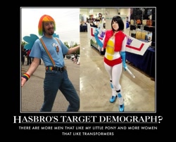 Size: 659x532 | Tagged: safe, imported from derpibooru, rainbow dash, human, brony, clash of hasbro's titans, cosplay, demotivational poster, fan, fanboy, fangirl, hasbro, irl, meme, photo, starscream, transformers