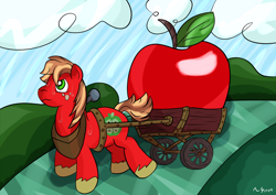 Size: 1024x724 | Tagged: safe, artist:theonesilverwind, imported from derpibooru, big macintosh, earth pony, pony, apple, cart, male, solo, stallion