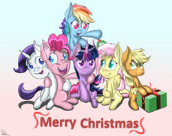 Size: 1350x1064 | Tagged: safe, artist:sintakhra, imported from derpibooru, applejack, fluttershy, pinkie pie, rainbow dash, rarity, twilight sparkle, pony, christmas, mane six