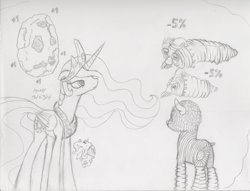 Size: 1641x1254 | Tagged: safe, artist:slash-sun-slash, imported from derpibooru, princess celestia, celestiadoodle, cookie clicker, crossover, final santa, grandmapocalypse, grandmother, monochrome, monster, ponified, traditional art, video game, wrinkler