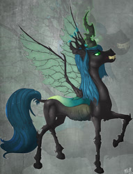 Size: 1875x2456 | Tagged: safe, artist:xonxt, imported from derpibooru, queen chrysalis, changeling, changeling queen, female, glowing horn, semi-realistic, sharp horn, smiling