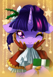 Size: 550x800 | Tagged: dead source, safe, artist:loyaldis, imported from derpibooru, twilight sparkle, clothes, female, heart eyes, holly, present, solo, wingding eyes, wink