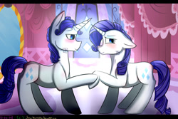 Size: 1024x683 | Tagged: safe, artist:juniormintotter, imported from derpibooru, rarity, pony, unicorn, blushing, duo, elusive, female, holding hooves, male, r63 paradox, rarilusive, rule 63, self ponidox, selfcest, shipping, straight