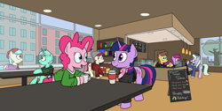 Size: 2443x1227 | Tagged: safe, artist:rapidstrike, imported from derpibooru, berry punch, berryshine, caramel, coco pommel, flitter, lyra heartstrings, pinkie pie, roseluck, twilight sparkle, alicorn, earth pony, pegasus, pony, unicorn, book, bookshelf, cafe, cash register, cashier, clothes, coffee, female, hat, holiday, hoodie, hoof hold, hot chocolate, loss (meme), male, mare, mug, smiling, stallion, sweater, table, talking, tree, twilight sparkle (alicorn), window