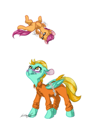 Size: 355x510 | Tagged: safe, artist:ahmonaeatchu123, imported from derpibooru, lightning dust, scootaloo, pony, clothes, duo, prison, prison outfit, scootaloo can fly, taunt, this will end in tears and/or death