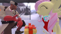 Size: 1191x670 | Tagged: safe, imported from derpibooru, fluttershy, christmas, crossover, medic, parody, present, team fortress 2