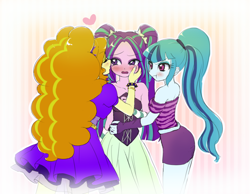 Size: 996x774 | Tagged: dead source, safe, artist:maron0807, imported from derpibooru, adagio dazzle, aria blaze, sonata dusk, equestria girls, rainbow rocks, :t, adagio dazzle gets around, adaria, adoragio, adorasexy, ariabetes, arisona, bare shoulders, blushing, cheek kiss, cute, female, heart, jealous, kissing, lesbian, polyamory, polydazzlings, sexy, shipping, shipping denied, sleeveless, sonagio, sonatabetes, strapless, the dazzlings