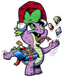 Size: 1887x2298 | Tagged: safe, artist:gray--day, imported from derpibooru, spike, gem, hat, jewels, male, open mouth, santa hat, solo, tongue out