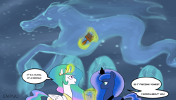 Size: 1000x567 | Tagged: safe, artist:empyu, imported from derpibooru, princess celestia, princess luna, windigo, 30 minute art challenge, dialogue, levitation, magic, paint, paintbrush, painting