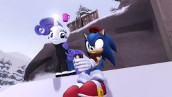 Size: 1366x768 | Tagged: safe, artist:sonicdevil18, imported from derpibooru, rarity, 3d, clothes, crossover, gmod, mug, snow, sonic the hedgehog, sonic the hedgehog (series), sweater, winter