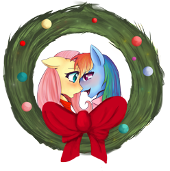 Size: 2509x2529 | Tagged: safe, artist:glitchyraptor, imported from derpibooru, fluttershy, rainbow dash, pegasus, pony, christmas, duo, female, flutterdash, lesbian, shipping, wreath