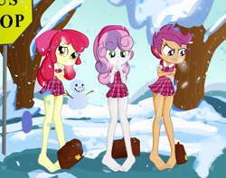 Size: 1217x960 | Tagged: safe, artist:ohohokapi, edit, imported from derpibooru, apple bloom, scootaloo, sweetie belle, equestria girls, :o, bag, barefoot, breath, bus stop, clothes, cold, cutie mark crusaders, dress, feet, frown, miniskirt, school uniform, schoolgirl, shivering, short dress, skirt, skirtaloo, snow, snowfall, snowman, tomboy taming, tree, winter