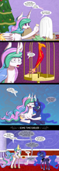 Size: 750x2182 | Tagged: safe, artist:deusexequus, imported from derpibooru, philomena, princess celestia, princess luna, alicorn, phoenix, pony, chest fluff, comic, ear fluff, female, hearth's warming, hug, immortality blues, implied death, levitation, magic, mare, present, prone, telekinesis