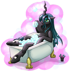 Size: 1280x1248 | Tagged: safe, artist:nothingspecialx9, imported from derpibooru, queen chrysalis, changeling, changeling queen, bath, bathing, bathtub, bubble, bubble bath, claw foot bathtub, female, mundane utility, solo