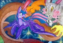 Size: 1024x698 | Tagged: safe, artist:bakukurara, imported from derpibooru, discord, twilight sparkle, alicorn, pony, female, fight, flying, looking back, magic, mare, traditional art, twilight sparkle (alicorn)