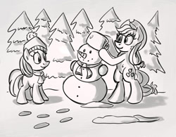 Size: 800x625 | Tagged: safe, artist:notlikelyanartist, imported from derpibooru, apple bloom, applejack, pony, bipedal, monochrome, snow, snowman, winter