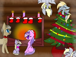 Size: 1024x768 | Tagged: safe, artist:twinkiepie19, imported from derpibooru, amethyst star, chirpy hooves, derpy hooves, dinky hooves, doctor whooves, sparkler, time turner, mouse, pegasus, pony, bowtie, candle, christmas, christmas stocking, christmas tree, clothes, dizzy doo, equestria's best family, female, fireplace, hat, hooves family, mare, santa hat, scarf, tree