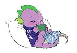 Size: 749x515 | Tagged: safe, artist:carnifex, imported from derpibooru, spike, dragon, baby, baby dragon, barb, barbabetes, clothes, cute, dragoness, eyes closed, female, mug, rule 63, rule63betes, smiling, socks, solo, sweater