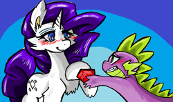 Size: 1024x607 | Tagged: safe, artist:bakukurara, imported from derpibooru, rarity, spike, blushing, diamond, female, gem, male, ruby, shipping, sparity, straight