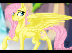 Size: 2326x1700 | Tagged: safe, artist:sevenada, imported from derpibooru, fluttershy, ear fluff, female, raised hoof, solo, spread wings