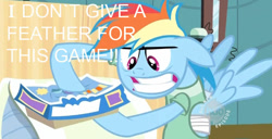 Size: 761x390 | Tagged: safe, edit, edited screencap, imported from derpibooru, screencap, rainbow dash, pegasus, pony, read it and weep, battlecloud, bed, board game, female, floppy ears, gritted teeth, hospital bed, hospital gown, meme, solo