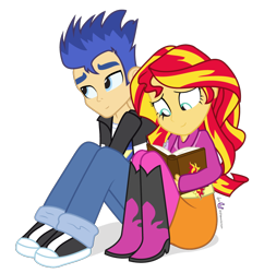 Size: 870x900 | Tagged: safe, artist:dm29, imported from derpibooru, flash sentry, sunset shimmer, human, equestria girls, book, clothes, cute, female, flashimmer, humanized, journal, looking away, male, shipping, shy, simple background, sitting, smiling, straight, sweater, transparent background, vector