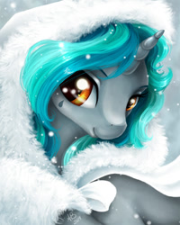 Size: 576x720 | Tagged: safe, artist:paintedhoofprints, imported from derpibooru, oc, oc only, oc:teary choir, pony, unicorn, beautiful, calm, color porn, cute, female, fluffy white hoodie, happy, hood, looking at you, mare, pretty, smiling, snow, snowfall, solo, sparkly eyes, tattoo, winter