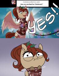 Size: 997x1294 | Tagged: safe, artist:dvixie, deleted from derpibooru, imported from derpibooru, oc, oc only, oc:reina, ask reina pony, christmas, christmas lights, clothes, comic, holly, solo, sweater, tumblr