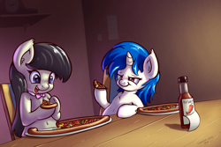 Size: 1200x801 | Tagged: safe, artist:tadashi--kun, imported from derpibooru, dj pon-3, octavia melody, vinyl scratch, belly button, duo, ghost pepper, hot pepper, hot sauce, pizza, prank, this will end in heartburn, this will end in pain, this will end in tears