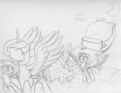 Size: 1280x981 | Tagged: safe, artist:slash-sun-slash, imported from derpibooru, princess cadance, princess celestia, princess luna, twilight sparkle, alicorn, pony, alicorn tetrarchy, celestiadoodle, christmas, female, happy, mare, monochrome, sleigh, traditional art, twilight sparkle (alicorn)