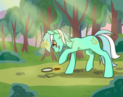 Size: 1280x1002 | Tagged: safe, artist:cloud-up, imported from derpibooru, lyra heartstrings, pony, unicorn, female, footprint, implied human, magnifying glass, solo