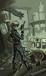 Size: 662x1080 | Tagged: safe, artist:agm, imported from derpibooru, oc, oc only, oc:littlepip, human, fallout equestria, clothes, fanfic, fanfic art, female, gun, handgun, humanized, humanized oc, jumpsuit, little macintosh, looking back, medkit, optical sight, pipboy, pipbuck, revolver, ruins, safe (object), solo, vault suit, wasteland, weapon