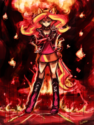 Size: 648x864 | Tagged: safe, artist:lumineko, imported from derpibooru, sunset shimmer, human, equestria girls, badass, eared humanization, female, fiery shimmer, fire, humanized, ponied up, solo, tailed humanization