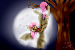 Size: 1024x689 | Tagged: safe, artist:rflzqt, imported from derpibooru, fluttershy, fangs, female, flutterbat, moon, solo