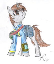 Size: 1280x1497 | Tagged: safe, artist:cloud-up, imported from derpibooru, oc, oc only, oc:littlepip, pony, unicorn, fallout equestria, clothes, explicit source, fanfic, fanfic art, female, jumpsuit, mare, pipbuck, simple background, solo, traditional art, vault suit, white background