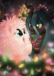 Size: 752x1063 | Tagged: safe, artist:mallemagic, imported from derpibooru, queen chrysalis, oc, oc:fluffle puff, canon x oc, christmas, chrysipuff, clothes, female, hearth's warming eve, lesbian, scarf, shipping