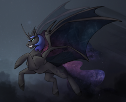 Size: 1280x1038 | Tagged: safe, artist:casynuf, imported from derpibooru, nightmare moon, princess luna, alicorn, pony, bat wings, clothes, cloud, curved horn, ethereal mane, fangs, female, flying, gritted teeth, mare, see-through, sky, solo, spread wings, starry mane, wing claws, wings