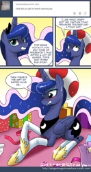 Size: 650x1223 | Tagged: safe, artist:johnjoseco, imported from derpibooru, princess luna, alicorn, pony, ask gaming princess luna, gamer luna, blushing, captain toad, celestia socks, celestia stockings, clothes, comic, female, mare, present, princess celestia socks, socks, stockings, super mario bros., sweatdrop, toad (mario bros)